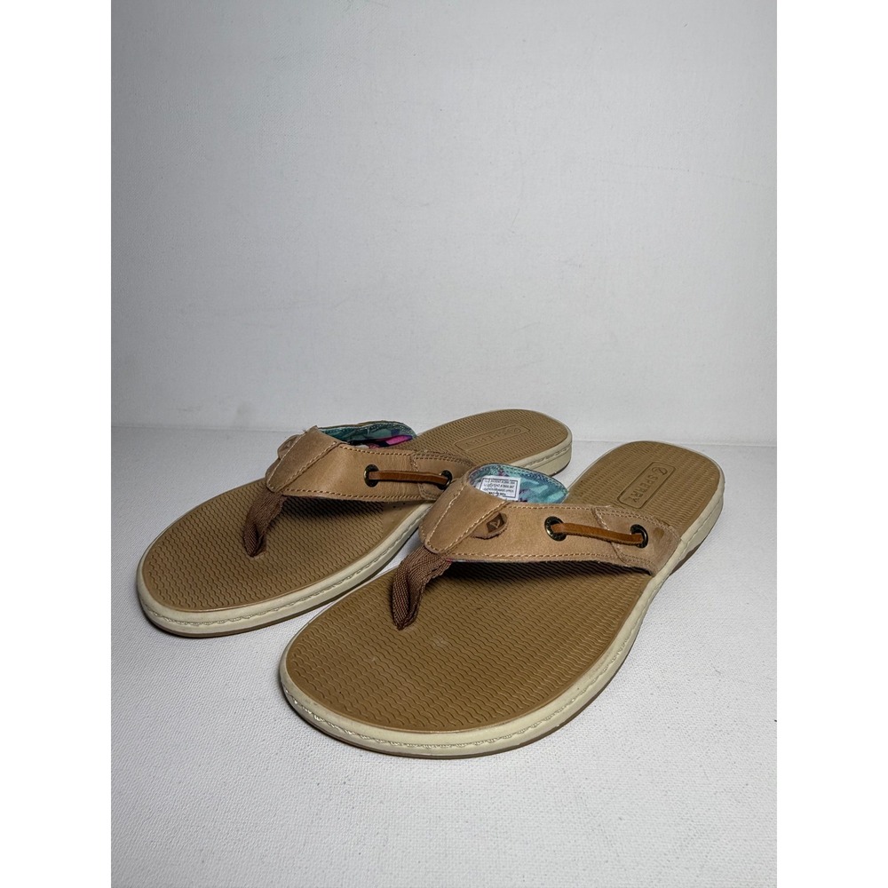 Sperry Top-Sider Womens Tan Leather Flip Flop Sandals Floral STS87294 Size 8M